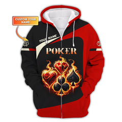 Maxcorners Custom Fiery Poker T-Shirt - Glowing Card Suits & Bold Black-Red Design, Gift For Poker PlayersLM1009