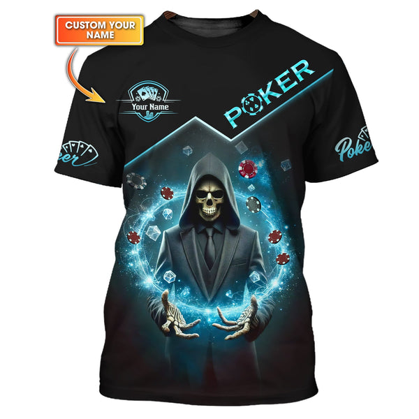 Grim Reaper Poker Shirt – Custom Name Skull in Suit with Magic Poker Chips Design Tee