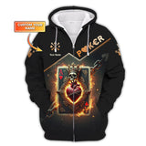 Custom Poker T-Shirts – Fiery Ace of Hearts, Skull Crown and Chains, Gift For Poker Players