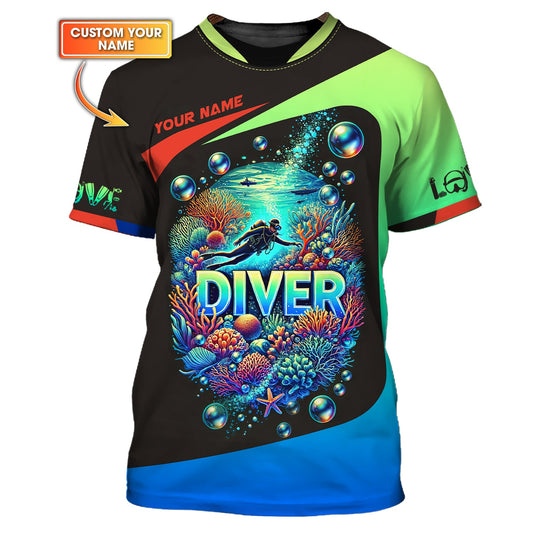 Maxcorners Scuba Diving Custom Name 3D Shirt Diving Into The Ocean Personalized Gift For Diver Lovers LM2111