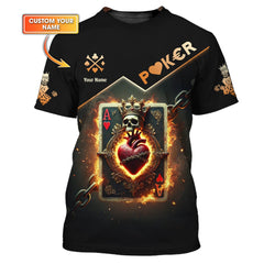Maxcorners Custom Poker T-Shirts - Fiery Ace of Hearts, Skull Crown and Chains, Gift For Poker PlayersLM1009