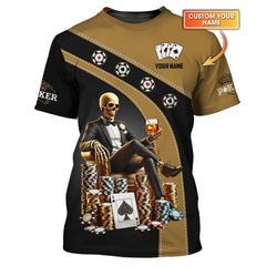 Maxcorners Custom Poker Shirt - Black & Gold Skeleton King Design with Chips and Whiskey - Personalized Casino Tee for Card SharksLM1009