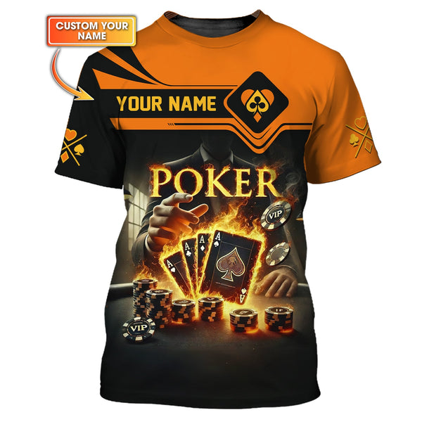 Custom Name Poker Four Of A Kind Aces On Fire T-Shirt, Aces and Poker Chips Design