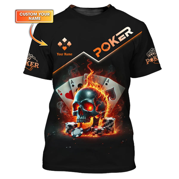 Custom Poker-Themed T-Shirt with Fiery Skull, Aces and Poker Chips Design, Poker T Shirts