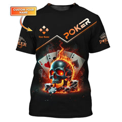 Maxcorners Custom Poker-Themed T-Shirt with Fiery Skull, Aces and Poker Chips Design, Poker T ShirtsLM1009