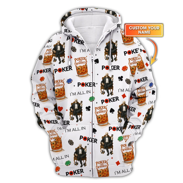 Poker And Whiskey Custom Name Shirt - I'm All In Poker Skull Poker Pattern Tees