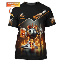 Maxcorners King 8-ball Billiards with Beer on Fire Custom Name T shirt, Gift For Billiards Players LM0509