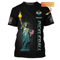 Maxcorners Custom USA Pickleball Shirt – Statue of Liberty Design with Paddle & Ball – Patriotic Pickleball Apparel for Men & Women