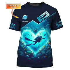 Maxcorners Scuba Diving With Ocean Heart Custom Name 3D Shirt Personalized Gift For Diver Lovers LM2111