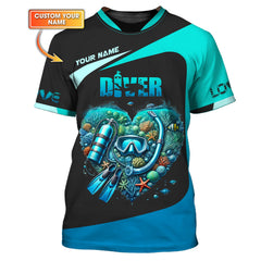 Maxcorners Scuba Diving Heart Custom Name 3D Shirt Personalized Gift For Diver Lovers LM2111