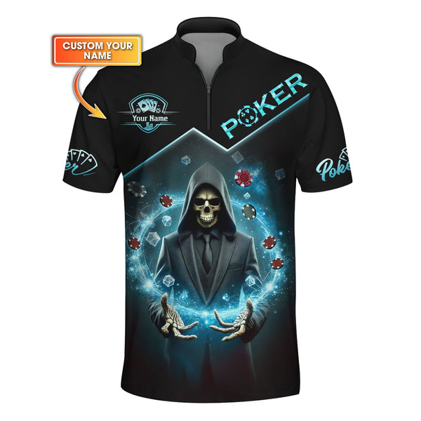 Grim Reaper Poker Shirt – Custom Name Skull in Suit with Magic Poker Chips Design Tee
