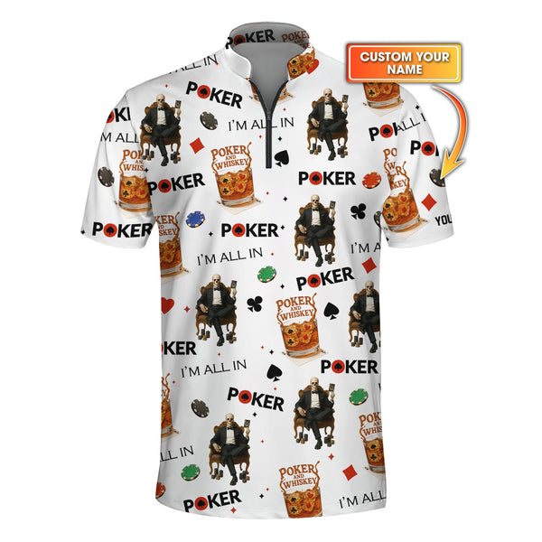 Poker And Whiskey Custom Name Shirt - I'm All In Poker Skull Poker Pattern Tees