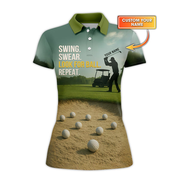Maxcorners Swing Swear Look For Ball Repeat Shirt, Custom Name Funny Golf Polos, Crazy Golf Shirts For Men's
