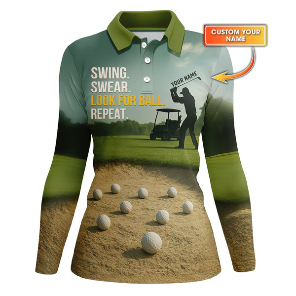 Maxcorners Swing Swear Look For Ball Repeat Shirt, Custom Name Funny Golf Polos, Crazy Golf Shirts For Men's