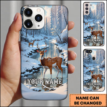 Maxcorners Hunting Deer in Snowy Forest Stream Personalized Name Phone Case