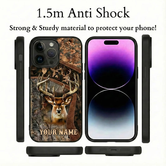 Maxcorners Hunting Phone Case Funny Whitetail Deer Middle Finger Leather Stitch Camo Art Personalized Name Phone Case | Grass Brown