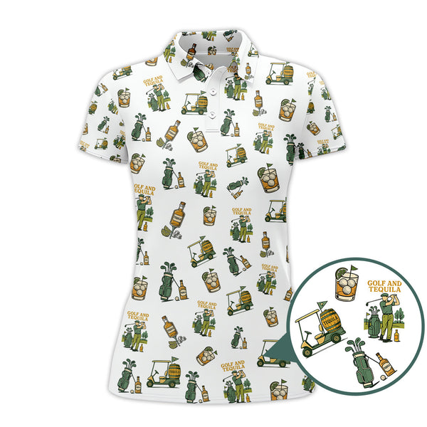 Maxcorners Golf and Tequila Pattern Golf Polos, Funny Whiskey Golf Shirt For Golfers, Golf Shirts For Men