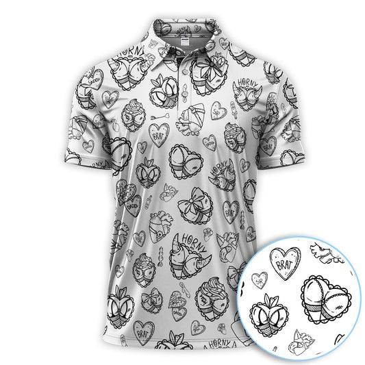 Maxcorners Horny Brat Sketch Pattern Polos, Funny Golf Shirt For Men, Golf Gift For Golfer