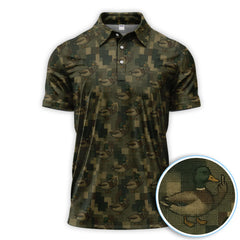 Maxcorners Mallard Duck Camo Polos For Men, Waterfowl Pattern Shirt, Crazy Golf Shirt For Golfer