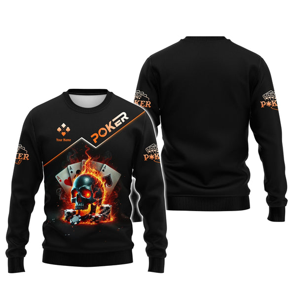 Custom Poker-Themed T-Shirt with Fiery Skull, Aces and Poker Chips Design, Poker T Shirts