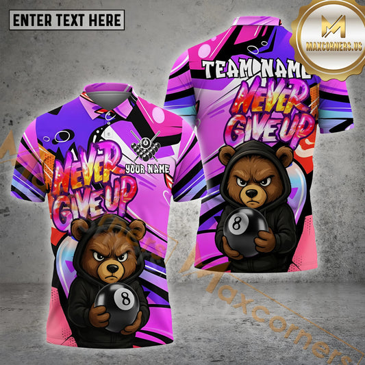Maxcorners Billiards Bear Hoodie Never Give Up Multicolor Options Personalized Name, Team Name 3D Shirt (4 Colors)