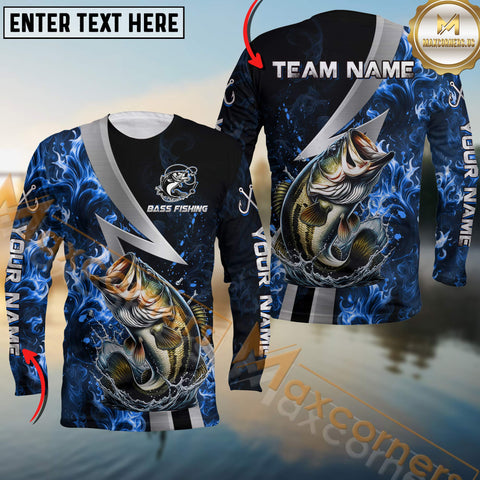 Maxcorners Bass Fishing Blue Fire Splash Personalized Name, Team Name Long Sleeve Shirt