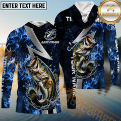 Maxcorners Bass Fishing Blue Fire Splash Personalized Name, Team Name Long Sleeve Shirt