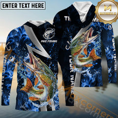 Maxcorners Pike Fishing Blue Fire Splash Personalized Name, Team Name Long Sleeve Shirt