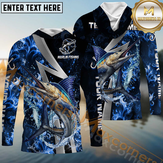 Maxcorners Marlin Fishing Blue Fire Splash Personalized Name, Team Name Long Sleeve Shirt