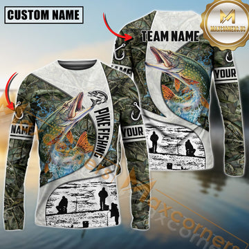 Maxcorners Pike Fishing Camo Forest Scene Personalized Name, Team Name Long Sleeve Shirt