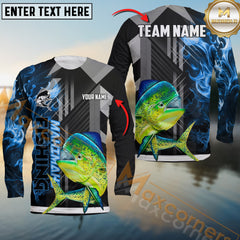 Maxcorners Mahi-Mahi Fishing Geometric Blue Wave Personalized Name, Team Name Long Sleeve Shirt