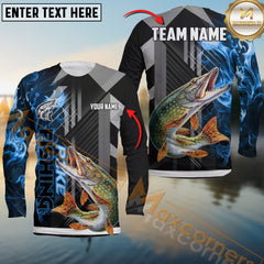 Maxcorners Pike Fishing Geometric Blue Wave Personalized Name, Team Name Long Sleeve Shirt