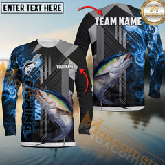 Maxcorners Tuna Fishing Geometric Blue Wave Personalized Name, Team Name Long Sleeve Shirt