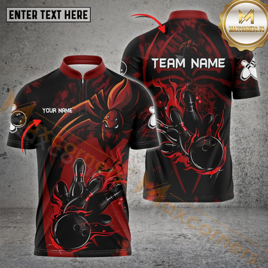 Maxcorners Bowling & Pins Spider Pattern Multicolor Option Customized Name, Team Name 3D Polo Shirt (4 Colors)