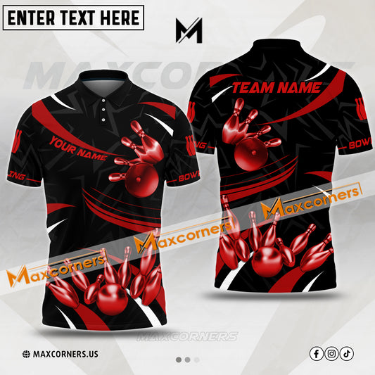Maxcorners Bowling & Pins Ultimate Golden Premium Pattern Multicolor Option Customized Name, Team Name 3D Polo Shirt (4 Colors)