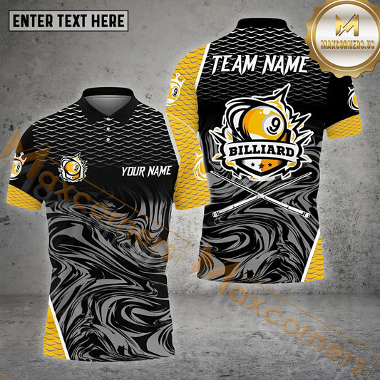 Maxcorners Billiards Yellow Black 9 Ball Multicolor Options Personalized Name, Team Name 3D Polo Shirt (4 Colors)