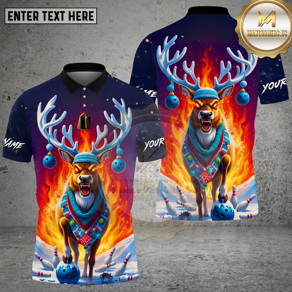 Maxcorners Bowling Shirt Reindeer Bowling Fire Christmas Scene Multi Options Personalized Name, Team Name 3D Shirt