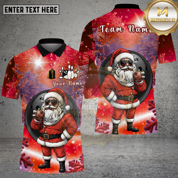 Maxcorners Bowling Shirt Santa Claus Bowling Winter Snowflake Multi Options Personalized Name, Team Name 3D Shirt