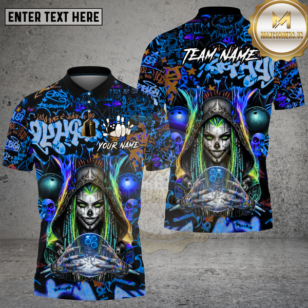 Maxcorners Bowling Shirt Bowling Reaper Neon Graffiti Skull Multi Options Personalized Name, Team Name 3D Shirt
