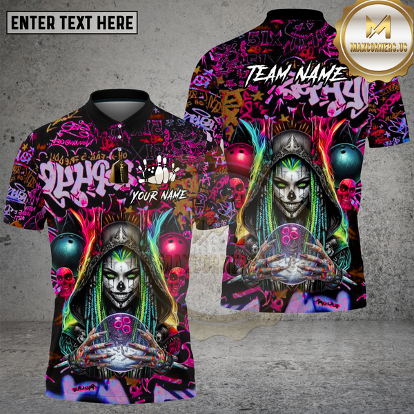 Maxcorners Bowling Shirt Bowling Reaper Neon Graffiti Skull Multi Options Personalized Name, Team Name 3D Shirt