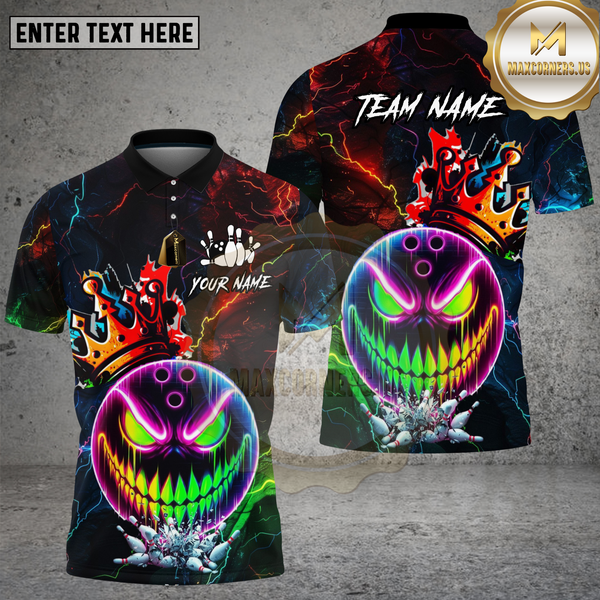 Maxcorners Bowling Shirt Bowling Evil Face Neon Crown Lightning Multi Options Personalized Name, Team Name 3D Shirt