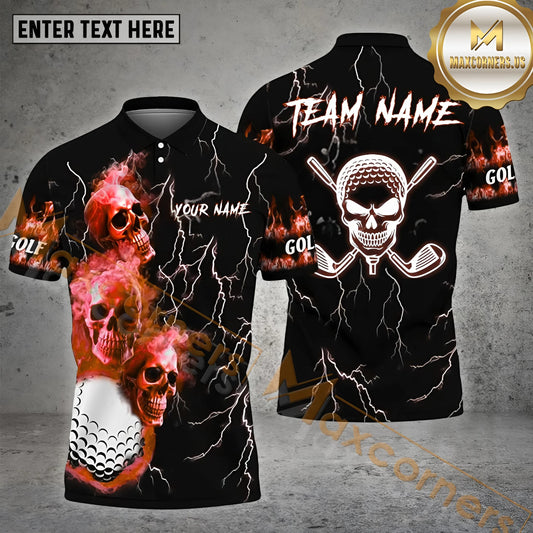 Maxcorners Golf Skull Flame Pattern Multicolor Option Customized Name, Team Name 3D Polo Shirt (4 Colors)