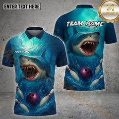 Maxcorners Blue Shark Bowling League Personalized Name, Team Name 3D Shirt