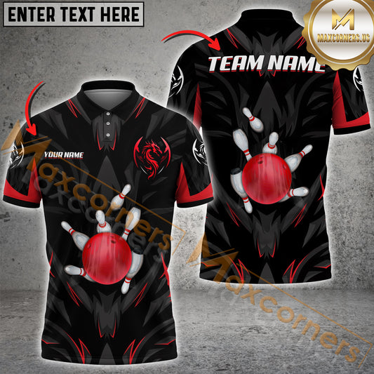 Maxcorners Bowling Ball And Pins Dragon Premium Multicolor Option Customized Name, Team Name 3D Shirt (4 colors)