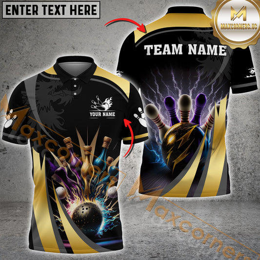 Maxcorners Bowling Ball And Pins Thunder Premium Multicolor Option Customized Name, Team Name 3D Shirt (6 colors)