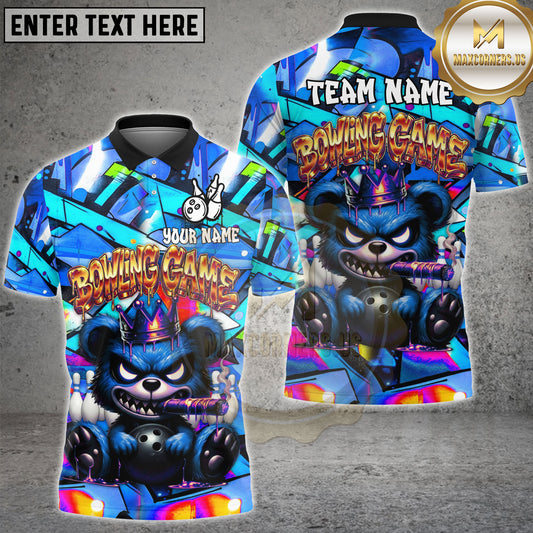 Maxcorners Bowling Shirt Graffiti Angry Bear with Bowling Ball Crown Street Art Design Multicolor Options Personalized Name, Team Name 3D Shirt (4 Colors)