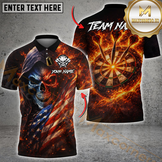 Maxcorners Darts Shirt Flaming Skull with Fire Dartboard Back Design Multicolor Options Personalized Name, Team Name 3D Shirt (4 Colors)