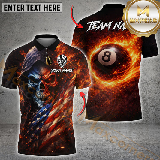 Maxcorners Billiards Shirt Flaming Skull with Fire 8 Ball Back Design Multicolor Options Personalized Name, Team Name 3D Shirt (4 Colors)