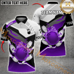 Maxcorners Bowling Ball & Pins Grey Rhombus Fire Bowling Ball Pattern Personalized Name, Team Name 3D Polo Shirt (4 Colors)