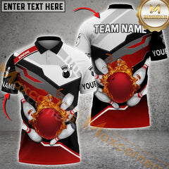 Maxcorners Bowling Ball & Pins Grey Rhombus Fire Bowling Ball Pattern Personalized Name, Team Name 3D Polo Shirt (4 Colors)